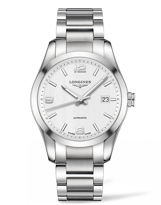 Longines Longines Conquest L2.785.4.76.6  L27854766 механические мужские часы белый циферблат, браслет нержавеющая сталь — вид спереди